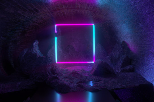 abstract background, square portal, glowing lines tunnel neon lights