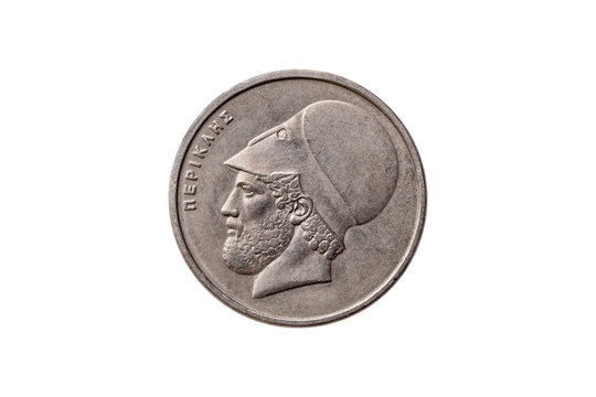 Greek 20 Drachma coin dated 1982 with a portrait image of  Pericles (495 – 429 BC) cut out and isolated on a white background