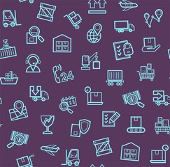 Cargo delivery, seamless pattern, purple, color, contour lines, icons, vector. Cargo transportation and delivery of goods. Linear blue icons on a purple background. Vector flat seamless pattern. 