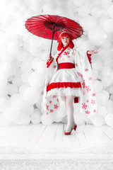girl in kimano on the background of balls