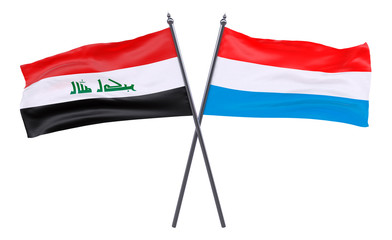 Iraq and Luxembourg, two crossed flags isolated on white background. 3d image