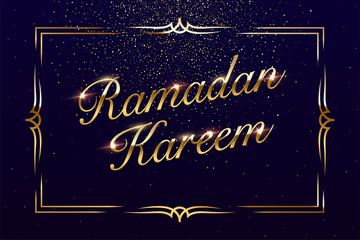Fototapeta na wymiar Ramadan Kareem vector background. Golden text with golden retro frame on dark blue background.