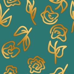Gold Abstract Roses on green. Vector Seamless Pattern. Artistic background for wallpaper, wrapping, scrapbooking, textile, wedding, save the date, banner, brochure, poster, home decor, etc. Vector.