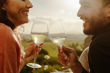 Close up of a romantic couple on wine date