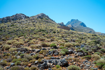 Climb to the top of the mountain. Journey through dry land through thorny bushes. Greece, Crete. - 262093177