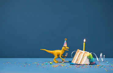 Yellow Dinosaur Eating Birthday Cake Slice over Blue Background - 262093534