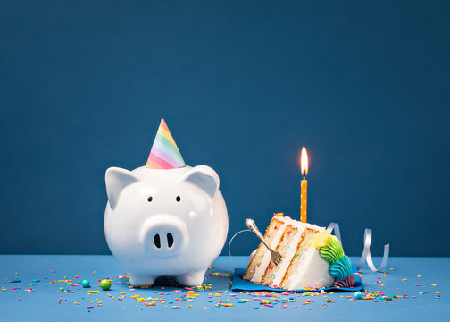 Slice of Birthday Cake with Piggy Bank
