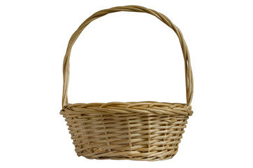 Fototapeta na wymiar Wicker basket with handle on white background. Isolated object. Basket for gifts, flowers and fruit.