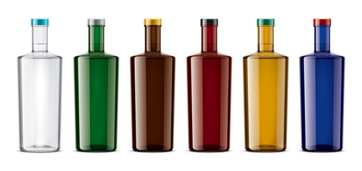 A set of colored glass bottles. 