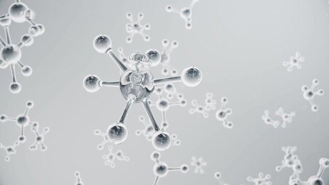 3D animation molecule structure. Scientific medical background with atoms and molecules. Grey background. Scientific animation for your banner, text. Molecule consists of atoms chemical element