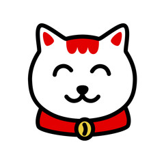 Muzzle maneki neko vector illustration. White and red lucky cartoon cat print isolated on white background