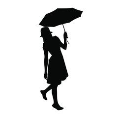 Vector silhouette of young woman in a hat under an umbrella, black color, isolated on white background