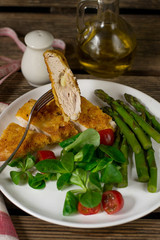 Turkey breast stuffed with cheese and fried in breadcrumbs