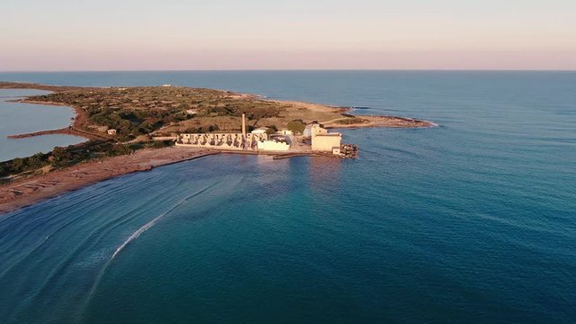 Aerial ascending view of the nature reserve of Vendicari on the coast of Sicily