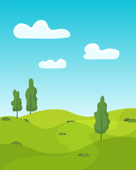 Fototapeta premium Summer landscape with green meadows and trees. Flat style vector illustration.