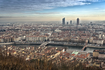 City view of Lyon at sunset, France,