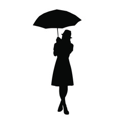 Vector silhouette of young woman in a hat under an umbrella, black color, isolated on white background