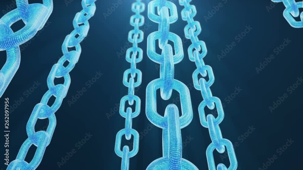 Poster 3d illustration digital blockchain code. chain links network. blue background. concept of network, c