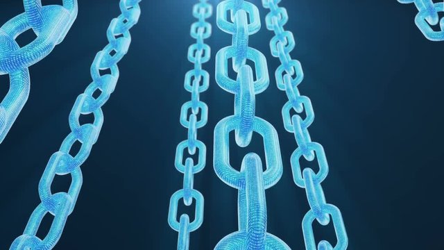 3D illustration digital blockchain code. Chain links network. Blue background. Concept of Network, cryptocurrencies internet communication. Binary code on chains. Seamless loop 4K animation