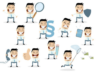 funny cartoon collection of an asian businessman in various situations