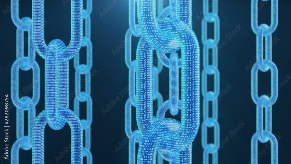 Poster 3d illustration digital blockchain code. chain links network. blue background. concept of network, c