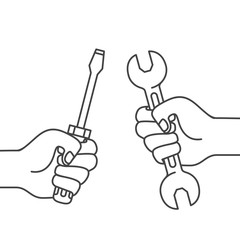 hand with screwdriver and wrench isolated icon