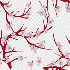 Seamless background pattern of pink Sakura blossom or Japanese flowering cherry symbolic of Spring in a random arrangement square format suitable for textile. EPS 10 vector file included.