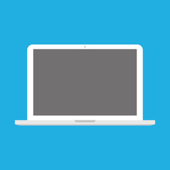White flat style laptop with blank gray screen, isolated on blue background.