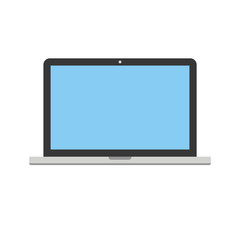 Front view flat style laptop or notebook with blank blue screen, vector icon.