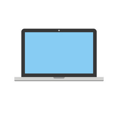 Front view flat style laptop or notebook with blank blue screen, vector icon.