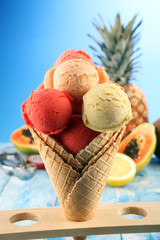 Tropical fruits background, many colorful ripe fresh tropical fruits