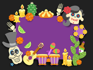 Dia de los muertos. Day of the Dead traditional mexican holiday flyer.Paper cut style flat decoration with shadow on black background. Vector illustration. - 262100548