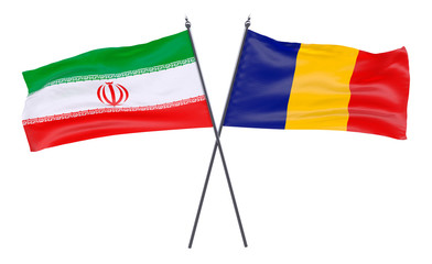 Iran and Romania, two crossed flags isolated on white background. 3d image
