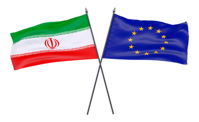 Iran and European Union, two crossed flags isolated on white background. 3d image