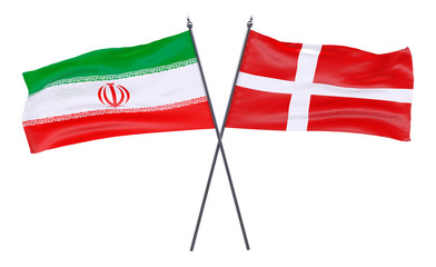 Iran and Denmark, two crossed flags isolated on white background. 3d image