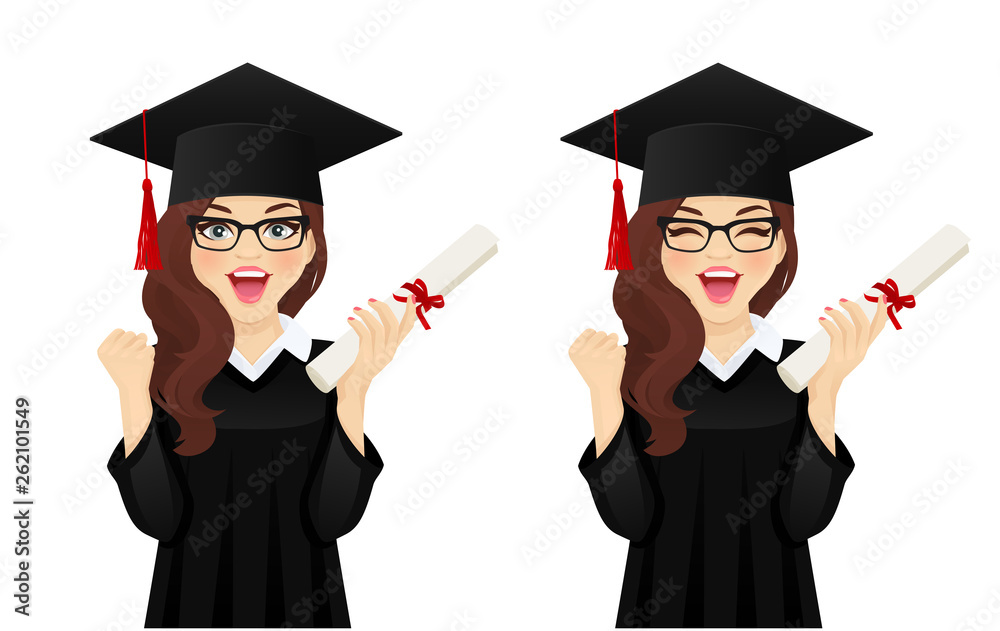 Wall mural Surprised excited student girl with hat of graduation on head and diploma in hand isolated vector illustration