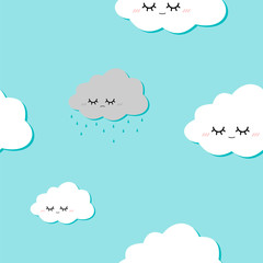 Vector seamless cartoon clouds pattern on the blue background