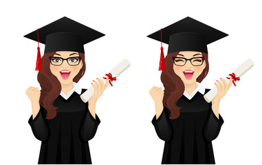 Surprised excited student girl with hat of graduation on head and diploma in hand isolated vector illustration