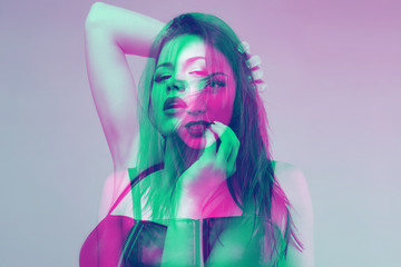 Calm and passionate woman. Color double exposure.