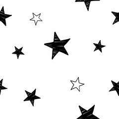 Hand drawn black stars seamless pattern on the white background