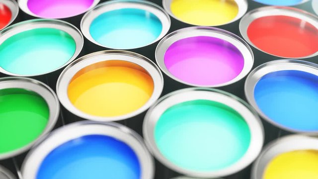 3D animation of beautiful colorful cans paint, group of tin metal cans with color paint dye: blue, green, yellow, turquoise, pink and red color paint. Loop-able, looped animation, seamless background.