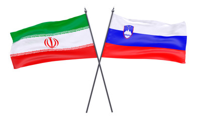 Iran and Slovenia, two crossed flags isolated on white background. 3d image