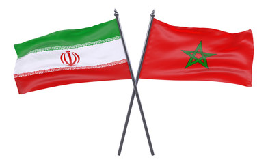 Iran and Morocco, two crossed flags isolated on white background. 3d image