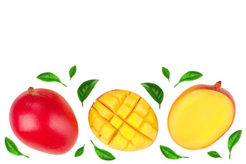 Mango fruit and half with slices isolated on white background with copy space for your text. Top view. Flat lay