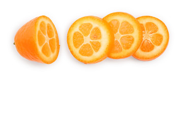 Cumquat or kumquat with half isolated on white background with copy space for your text. Top view. Flat lay