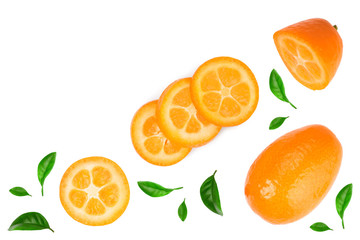 Cumquat or kumquat with slices isolated on white background with copy space for your text. Top view. Flat lay