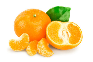 tangerine or mandarin fruit with leaves isolated on white background