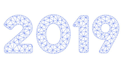 Mesh 2019 digits text polygonal 2d illustration. Abstract mesh lines and dots form triangular 2019 digits text. Wire frame 2D polygonal line network in vector format isolated on a white background.