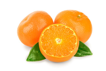 tangerine or mandarin fruit with leaves isolated on white background