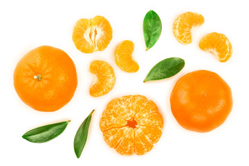 tangerine or mandarin with leaves isolated on white background. Top view. Flat lay